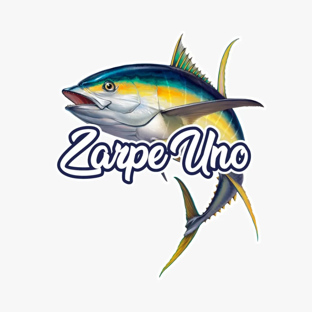 A yellow and blue fish with white text.